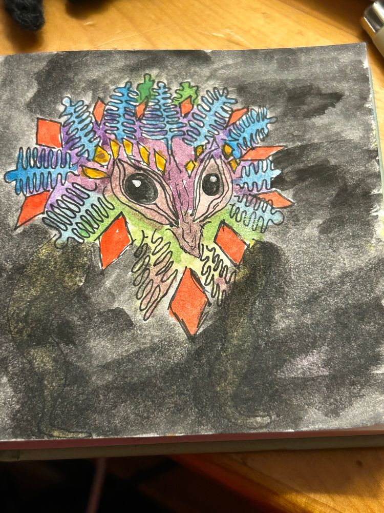 an ink and watercolor illustration of a weird geometric shaped creature with feathers and owl style eyes on a black background 