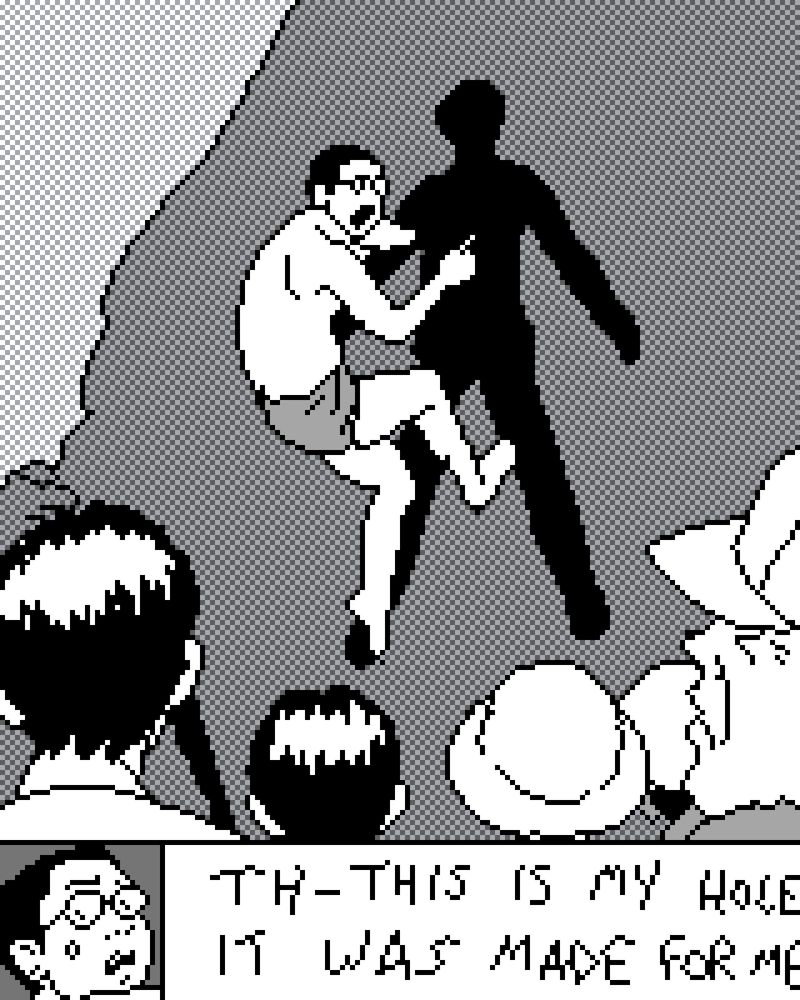 a pixel art recreation of a scene from The Enigma of Amigara Fault by Junji Ito in which a young man hangs from a human shaped hole in a cliff side and declares “this is my hole, it was made for me” 