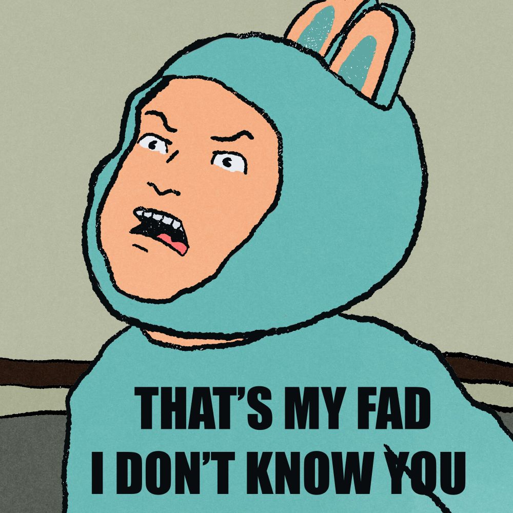 digital art of bobby hill dressed like a labubu saying “that’s my fad i don’t know you”