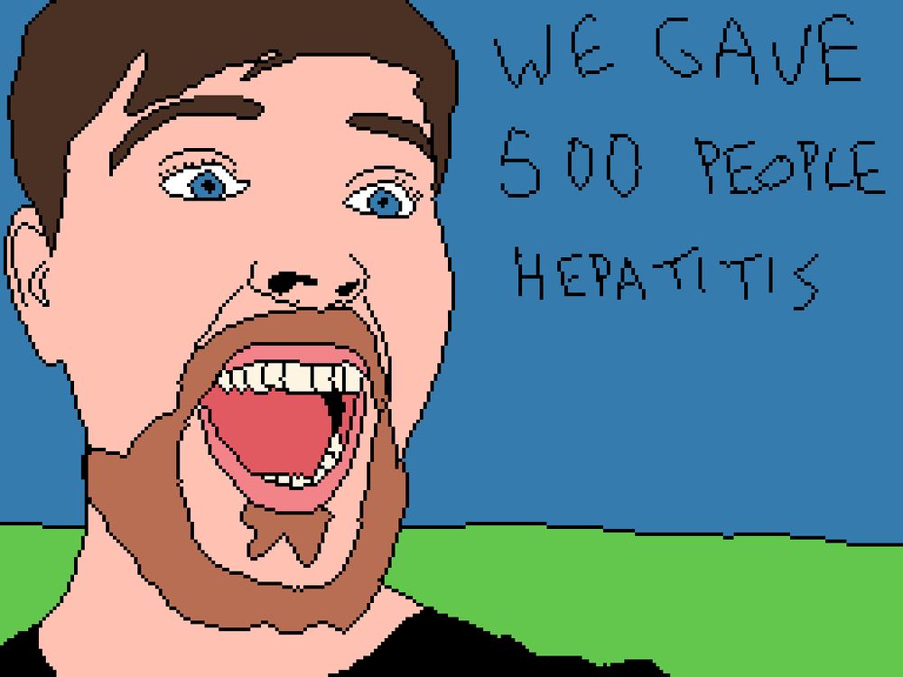 a pixel art drawing of a mrbeast thumbnail that says “we gave 500 people hepatitis” 