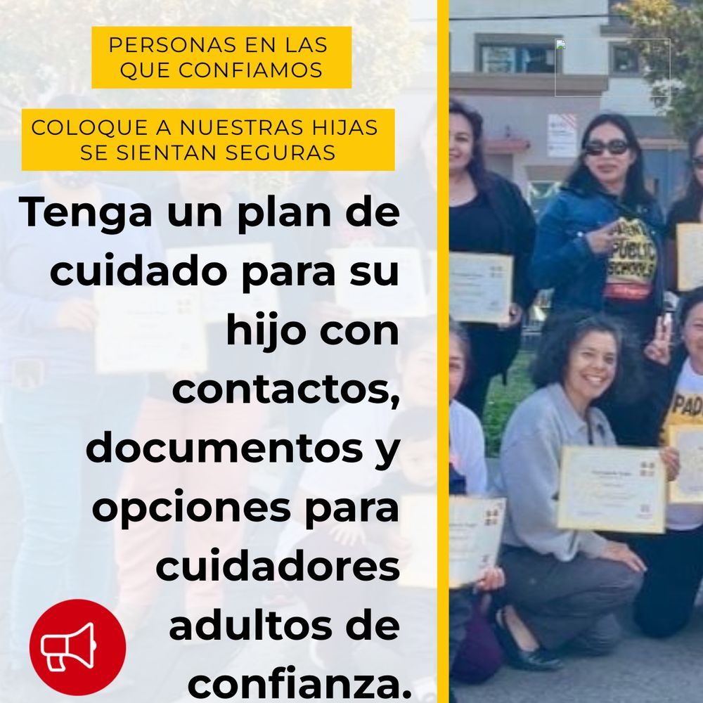 Image with text 'People We Trust, Place Our Kids Feel Safe.' It encourages having a care plan for children with contacts, documents, and trusted adult caregivers. On the right, a group of smiling adults hold certificates."