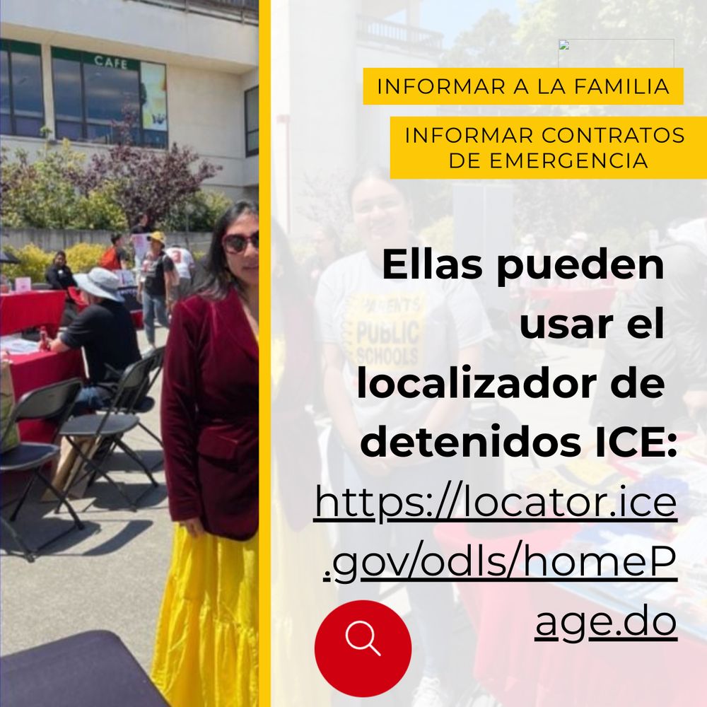 Flyer in Spanish providing information for families. Text mentions informing family about emergencies and using the ICE detainee locator website.