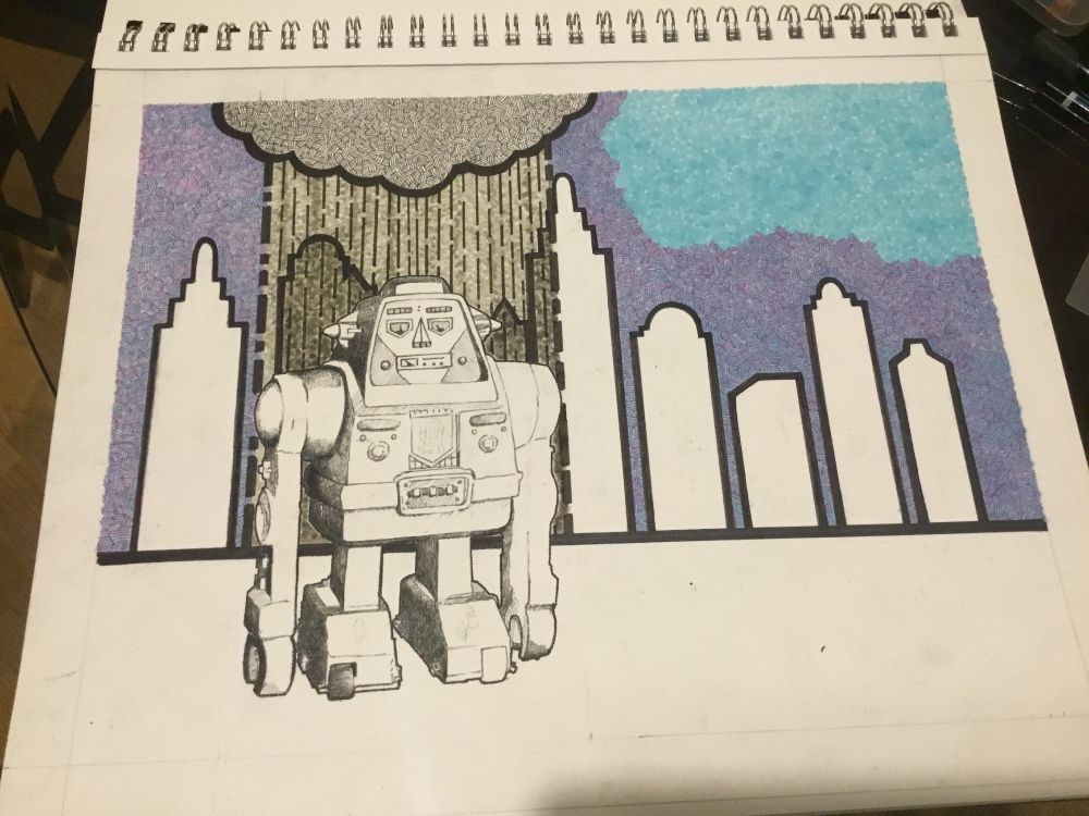 a robot with an expression of existential dread on its face walks in front of a cityscape, he has a dark cloud that follows him. this is a work in progress in markers.