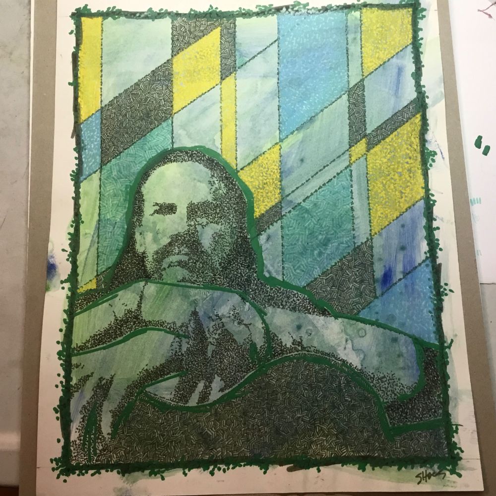 a self portrait of me in markers, i'm beardy with long hair with my arms resting on a guitar. everything is done in pointillism and crosshatching and the background is a geometric grid of sorts with square and rectangular shapes, the colors are green, yellow and blue.