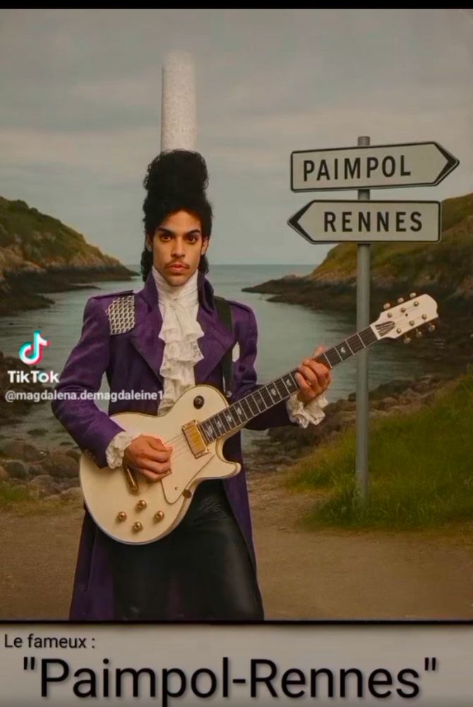 Photo de Prince avec sa guitare, en arrière plan, 2 panneaux, l'un indiquant Paimpol, l'autre Rennes. 