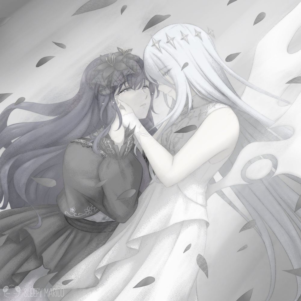 Asahina Mafuyu in a black dress gazing longingly and hopefully at Yoisaki Kanade in her white angelic form