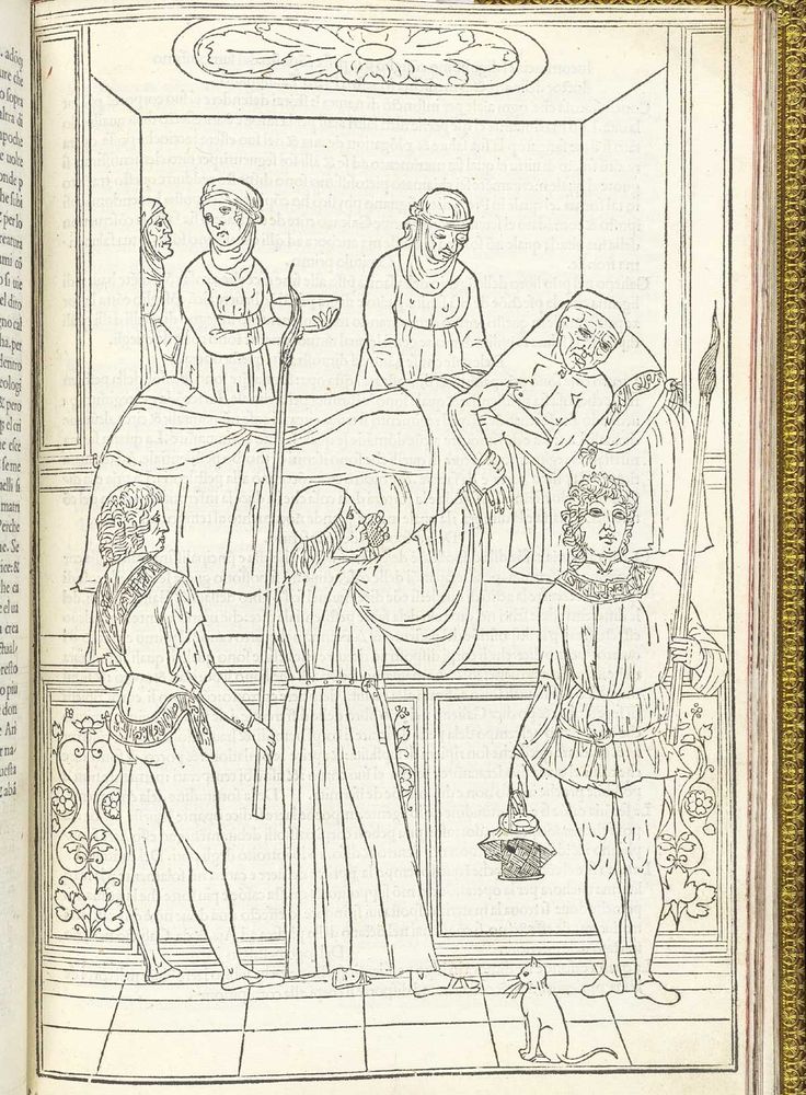 Printed engraving of a doctor and attendants visiting a patient with plague at his home. Doctor has his mouth covered with a sponge, probably soaked in vinegar, and the attendants burn large torches and incense. The patient is attended by three older women who are not taking any precautions against contagion. From Johannes Ketham, Fasciculus Medicinae, printed ca.1500.