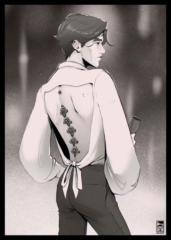 cr
Illustration of Viktor from Arcane. He is wearing a delicate and flowy shirt open in the back. His spine is covered by screws and pins. 

He is kinda cunty too, ngl.