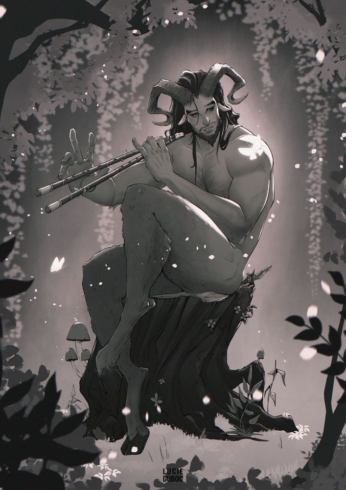 Illustration of a Satyr playing aulos, sitting on a sump. Glowing butterflies flutter around him while petals swirl around the scene. 