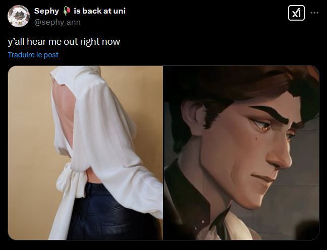 Tweet saying "y'all hear me out right now" with two attached pics : one of an open back shirt and one of Viktor form Arcane. 