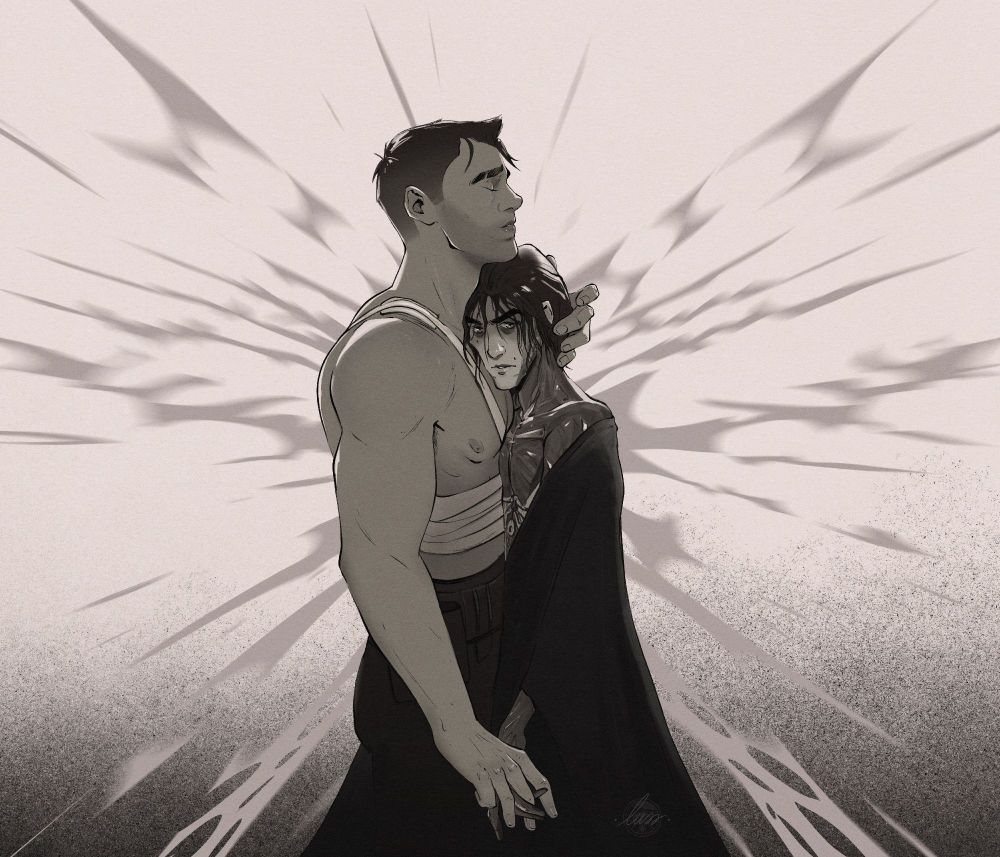 Illustration of Jayce and Viktor from Arcane hugging and intertwining fingers. The background shows a scattered butterfly. 