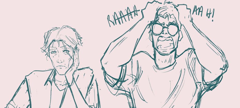 Sketch of Viktor and Jayce from Arcane. Viktor is calm, Jayce is screaming. 