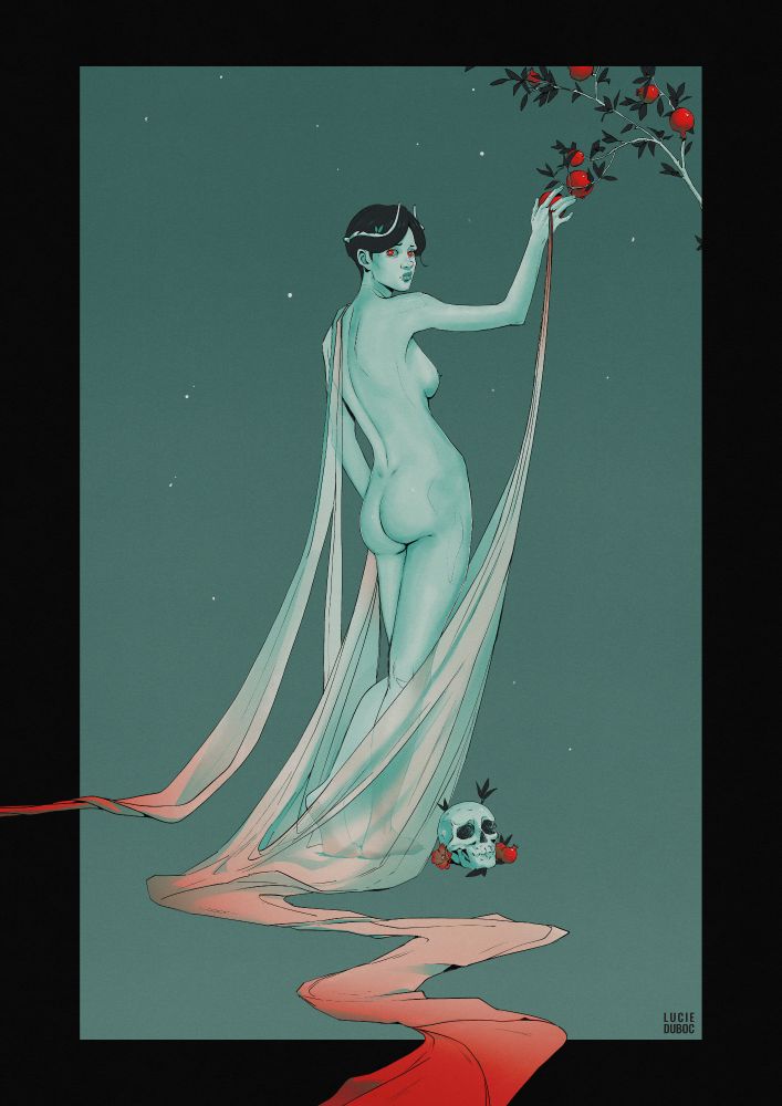 Digital illustration of Persephone, looking very lonely in an empty frame.

Her short hair is topped with a very modest crown. She is reaching for a branch of pomegranate tree, about to pick a fruit.

She is barely covered by a long translucent drape that extends out from the frame. At her feet is a skull, some pomegranates and a pomegranate flower.

A few snowflakes are falling in the background.