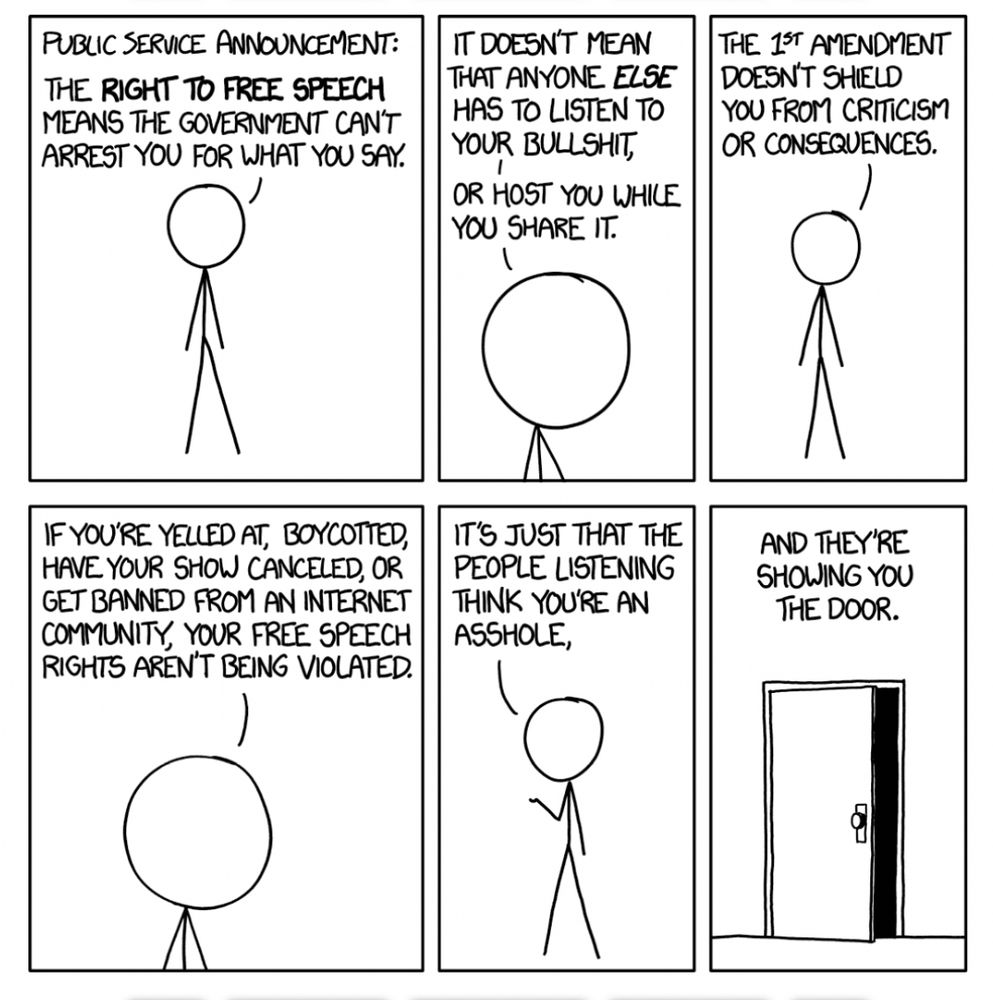 XKCD comic #1357: Free Speech:

A six-panel black-and-white comic strip featuring a stick figure giving a public service announcement about the right to free speech.
	1.	Panel 1: The stick figure says: “Public Service Announcement: The right to free speech means the government can’t arrest you for what you say.”
	2.	Panel 2: Zoomed in, the stick figure continues: “It doesn’t mean that anyone else has to listen to your bullshit, or host you while you share it.”
	3.	Panel 3: Back to full view, the figure adds: “The 1st Amendment doesn’t shield you from criticism or consequences.”
	4.	Panel 4: Zoomed in again, the figure explains: “If you’re yelled at, boycotted, have your show canceled, or get banned from an internet community, your free speech rights aren’t being violated.”
	5.	Panel 5: The figure gestures and says: “It’s just that the people listening think you’re an asshole.”
	6.	Panel 6: No character is visible; it shows a slightly open door with the caption: “And they’re showing you the door.