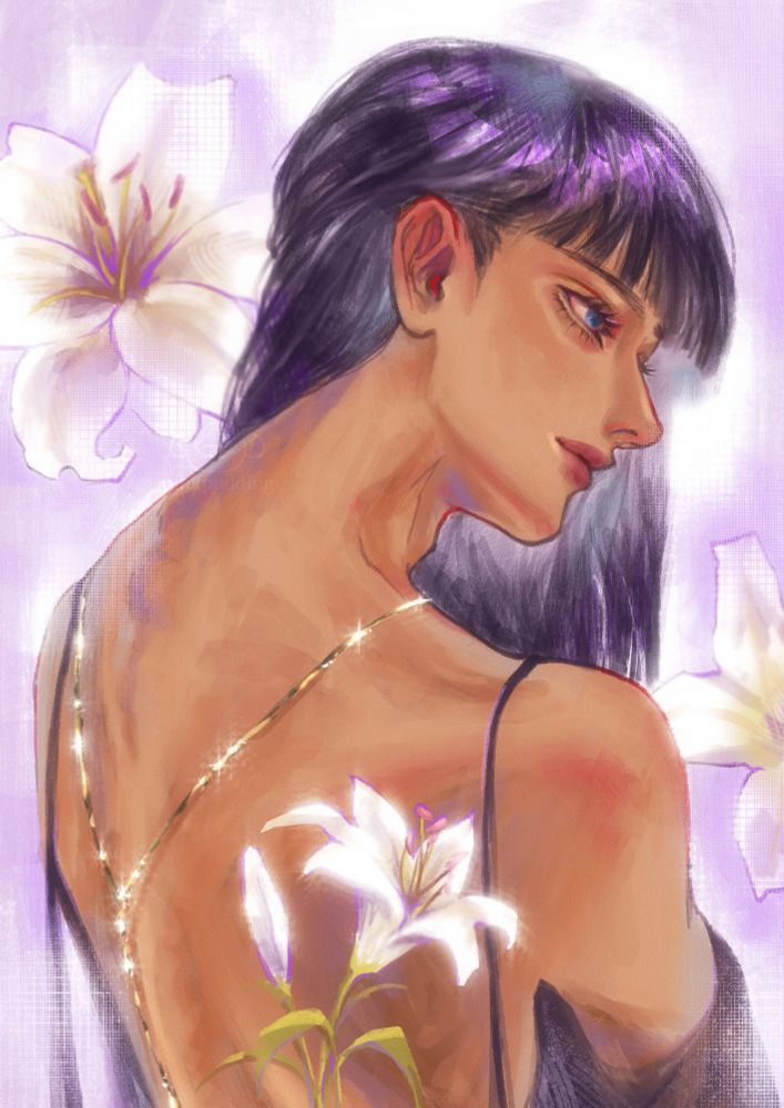 digital portrait painting of Nico Robin from One Piece (anime). Wearing backless black dress and gold chain necklace. Lily flower decorations