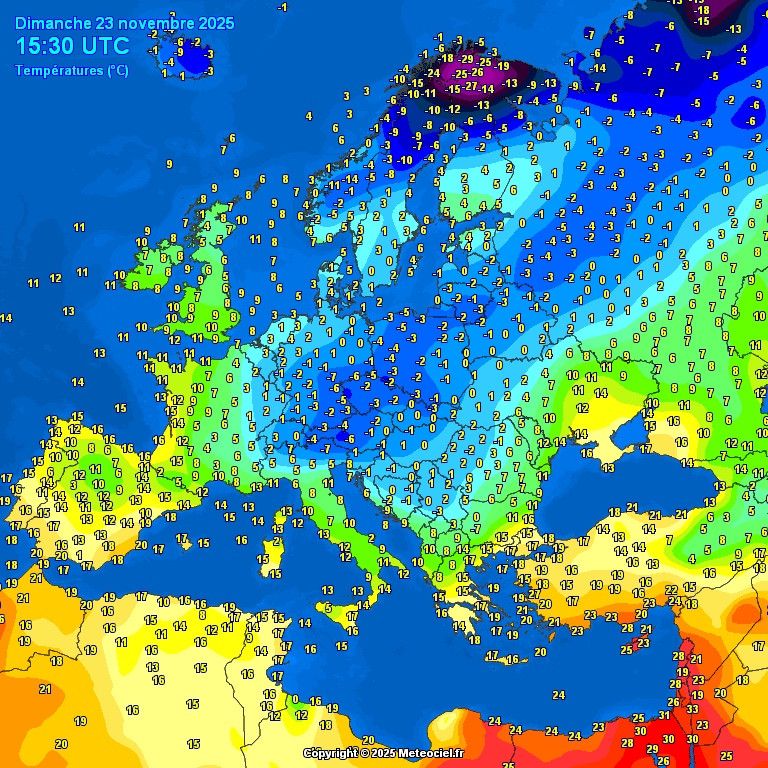Carte météorologique de l'Europe affichant des écarts de températures exceptionnels entre le nord et le sud.