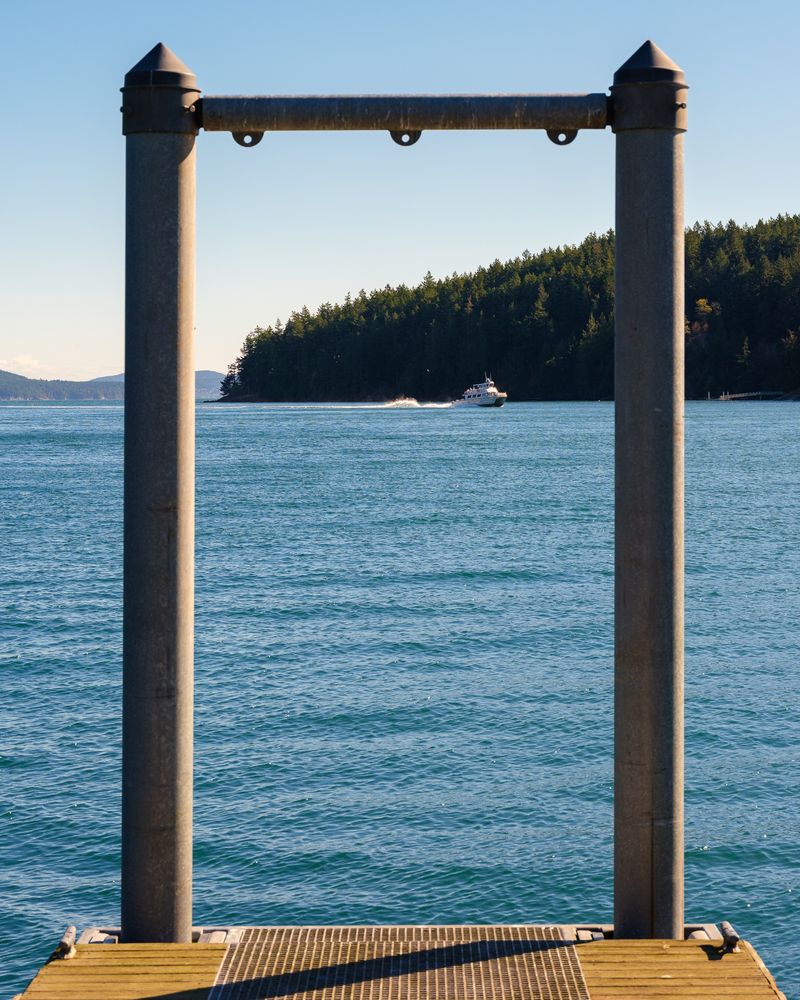 Picture taken from a small pier through some sort of dock arch thing (I am not seaman) framing a boat with a wake which is front of a dense forest of trees on a hillside. 