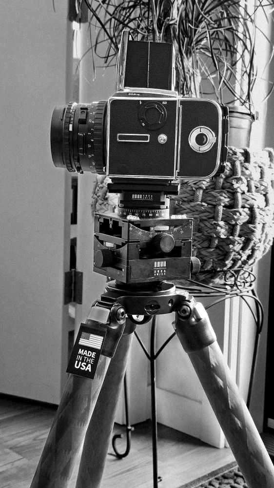 Medium format camera on fancy tripod
