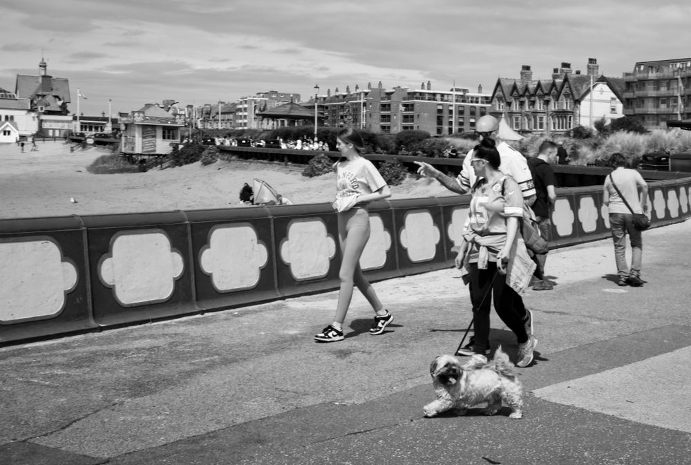 Family and dog walking on the promenade, the husband explaining things to his partner. Daughter in her own world.