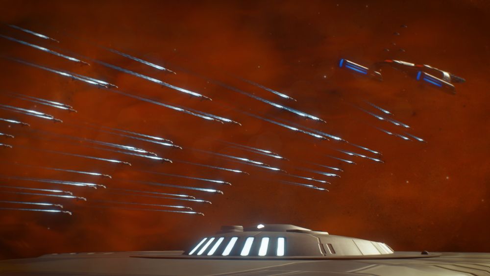 A flotilla of Starfleet Strike Craft form up above a Galaxy-Class Starship, while a Parliament Class stands nearby.