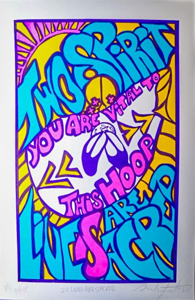 A picture of a poster with the phrases, "Two Spirit Lives Are Sacred", and "You Are Vital to This Hoop". A Native Fancy Shawl dancer moves towards the sunrise, signifying brighter days ahead.