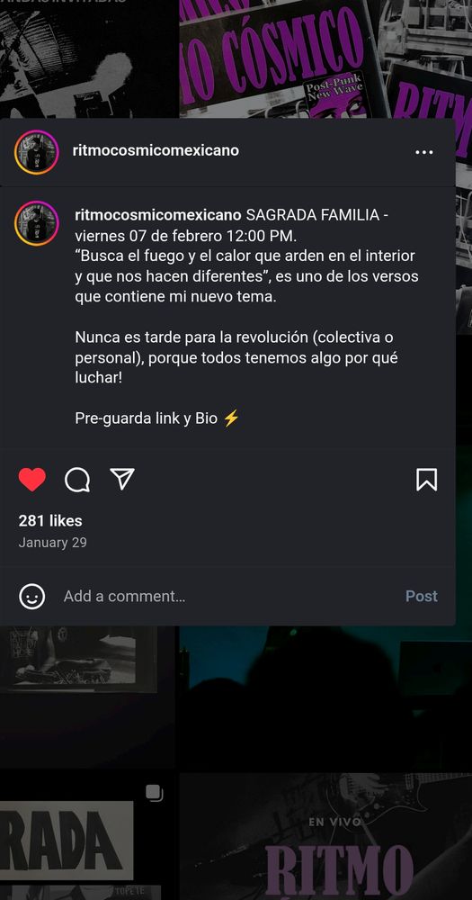A screen shot of an Instagram post by Ritmo Cosmico promoting their latest release. 