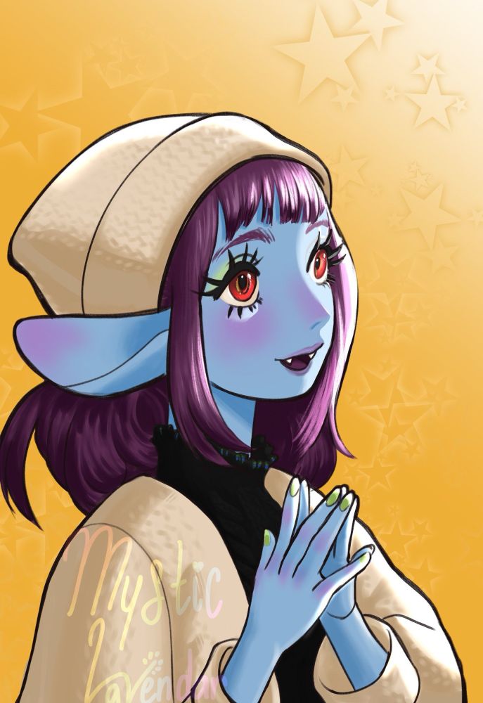 A girl with blue skin smiling and looking to the side