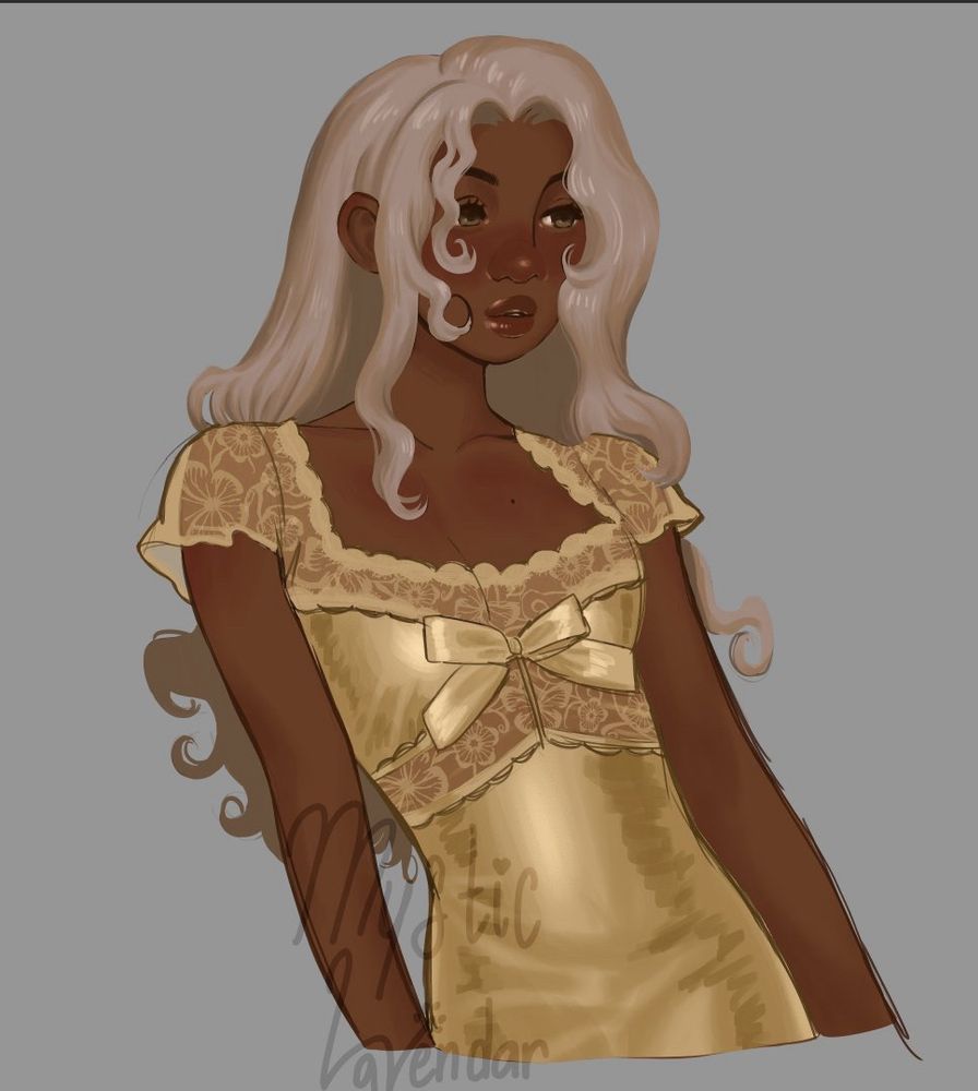 A black woman with pale blonde hair and a golden-champagne colored dress. She glances off to the right