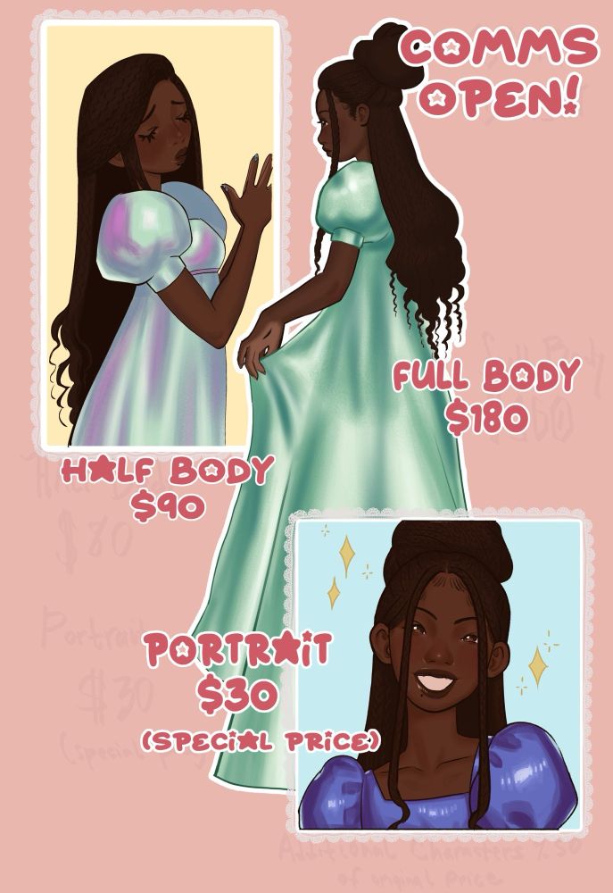 Commission sheet: portraits $30
Half body $90
Full body $180
