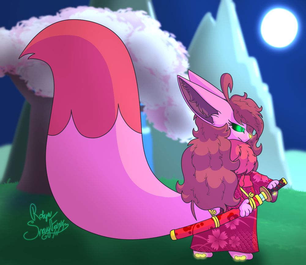 My sona, Veebyn, standing in a field near a cherry blossom tree in a deep red cherry blossom-print kimono, one hand holding the saya (scabbard) of the katana being pulled out with the other hand. In the background, moonlit mountains are awash with the same blue glow of the rest of the scene.