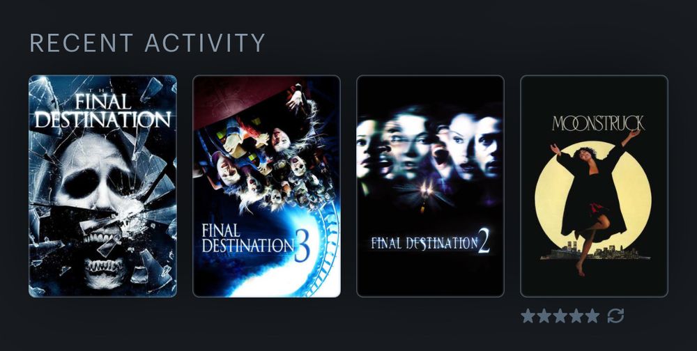 Screenshot of Letterboxd #LastFourWatched on June 13, 2025: The Final Destination (2009), Final Destination 3 (2006), Final Destination 2 (2003), and Moonstruck (1987). All Final Destination movies are first-time watches.