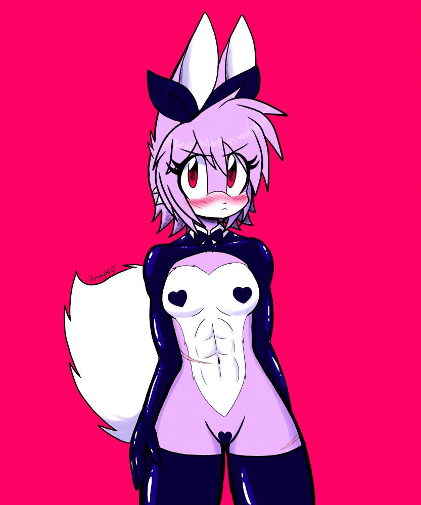Digital art of my anthro bunny character named Jenny wearing nothing but a shiny black latex reverse bunnysuit and a big black bow on her head. She's blushing heavily and looking at the viewer with a grumpy expression. She has black heart-shaped pasties on her nipples and covering her genitals.