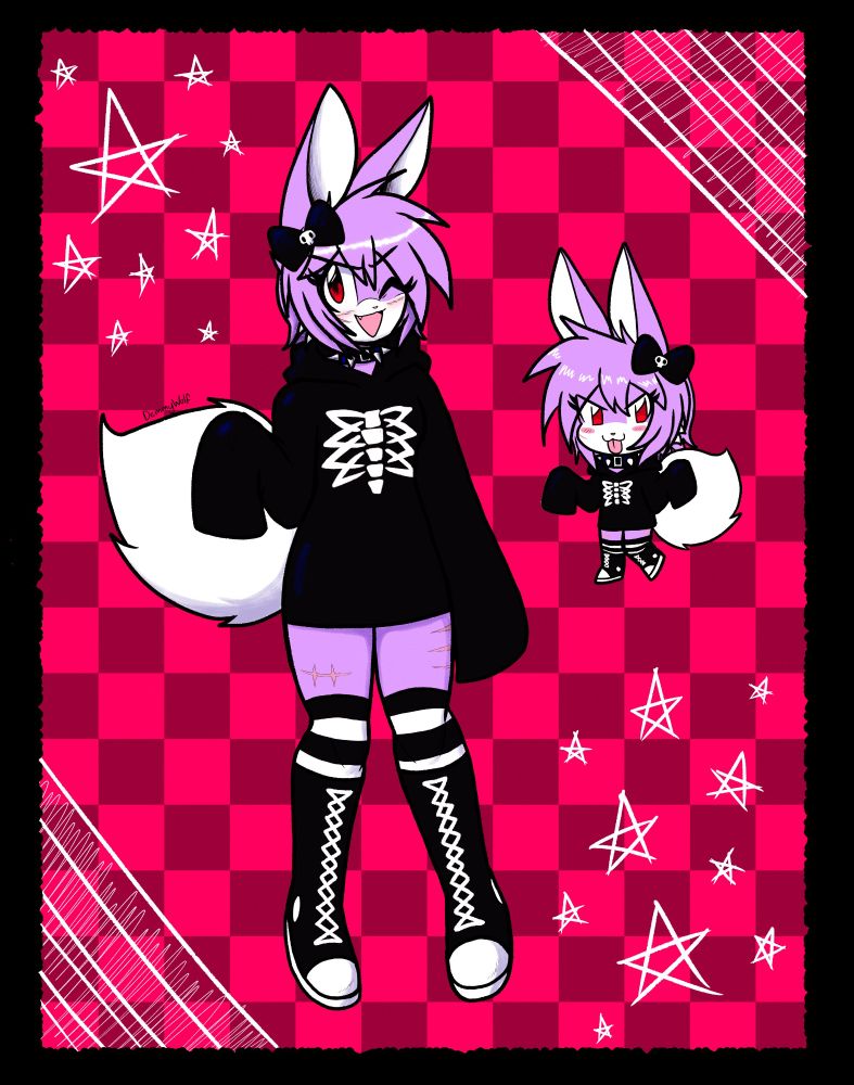 Digital art of my anthro bunny character named Jenny. She's standing while smiling and winking at the viewer. One of her fangs is visible. She's wearing an oversized black hoodie with a white ribcage on the chest, a black bow with a skull in her hair, a black spiked collar, black knee high converse, and black and white striped thigh high socks. There's a chibi version of Jenny right next to the regular version. The chibi version is sticking her tongue out at the viewer. 
