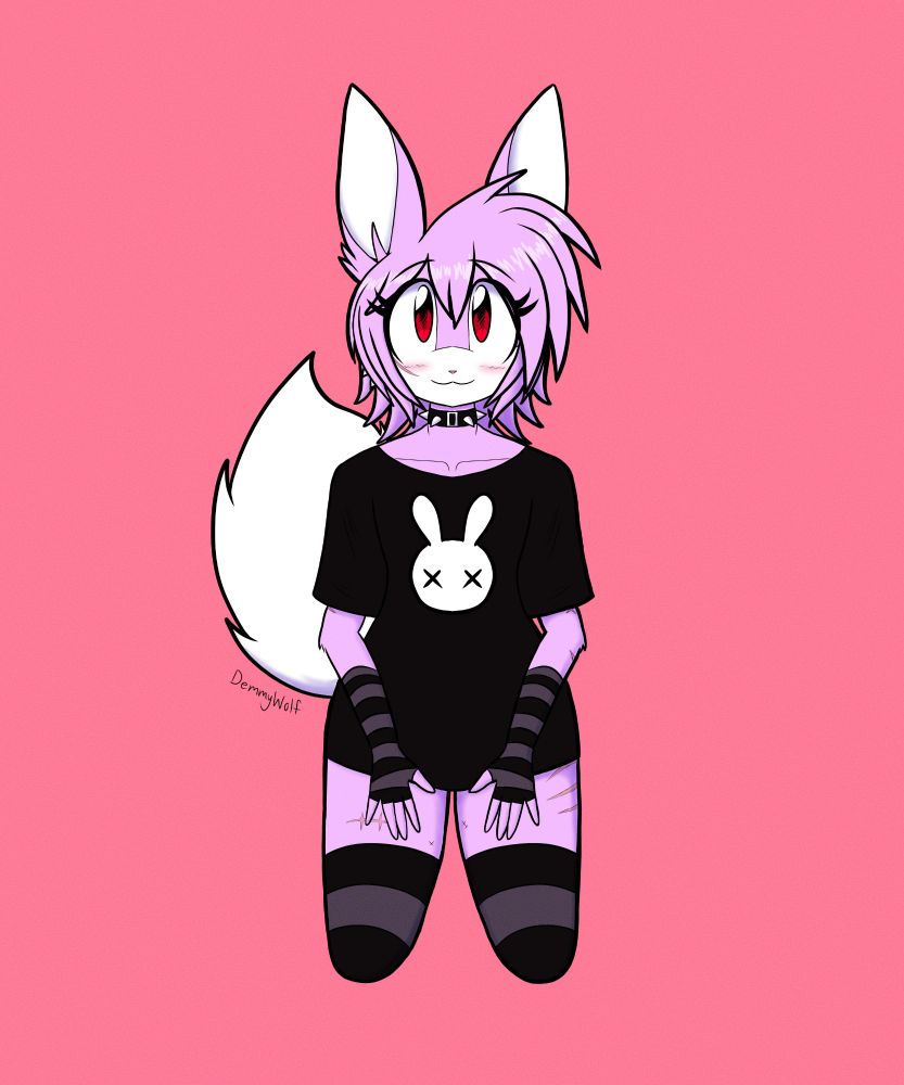Digital art of my anthro bunny character named Jenny sitting on her knees and looking up while smiling. She's wearing an oversized black t-shirt with a simple white bunny face with X eyes on it, plus gray and black striped fingerless gloves and thigh high socks.
