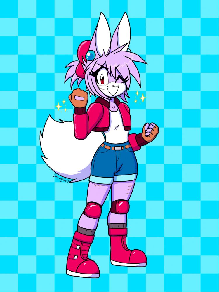 Digital art of my anthro bunny character named Jenny dressed up like Peach in her new biker outfit from Mario Kart World. Jenny is smiling and winking at the viewer while standing confidently.