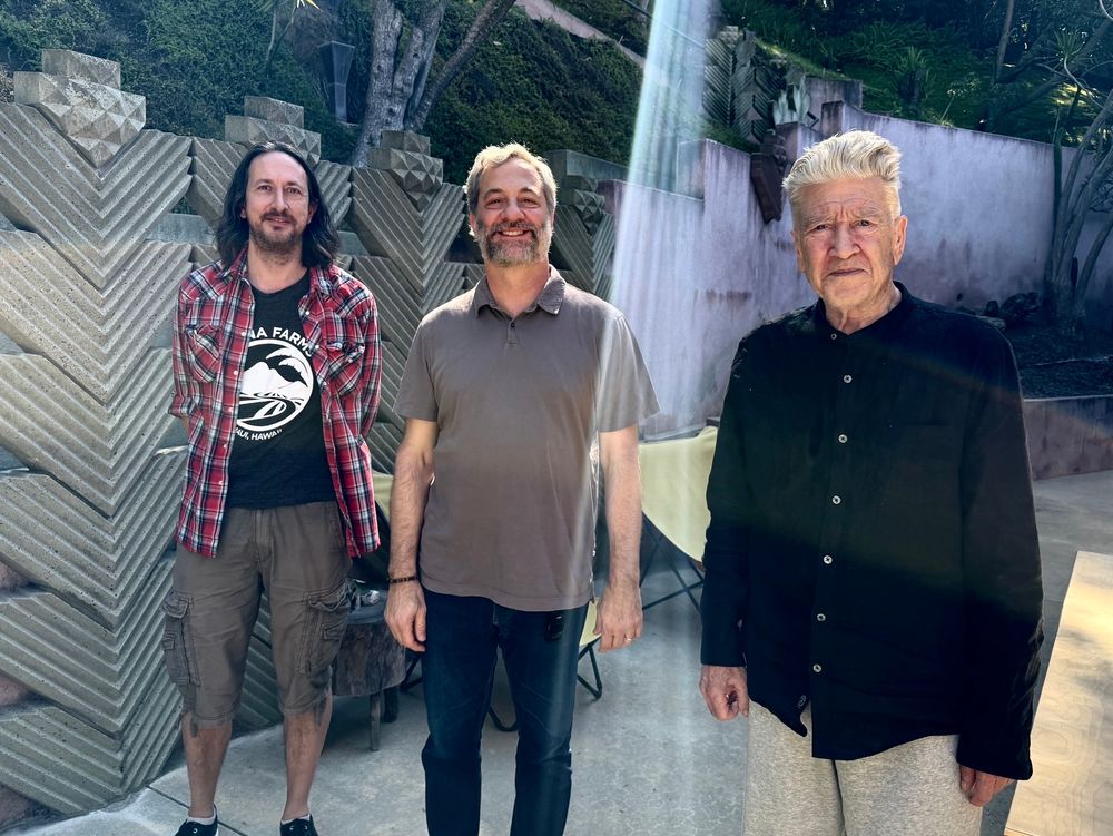 Photo of me and Judd Apatow with David Lynch.