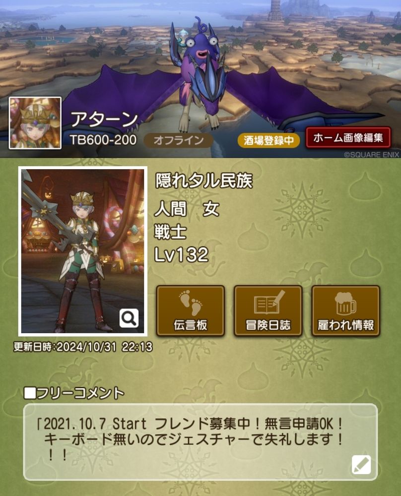 ドラゴンクエストX
冒険者のおでかけ便利ツール
マイプロフィール画面