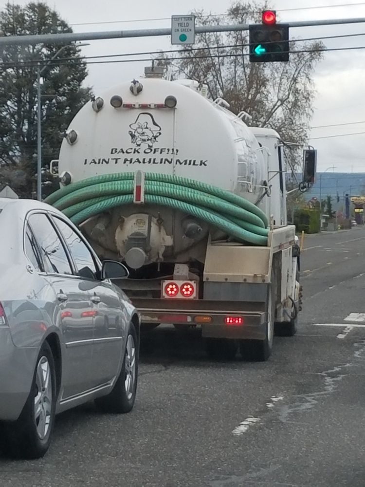 A septic truck at a stoplight. The truck has a picture on the rear of Yosemite Sam and the caption "Back off! I ain't hauling milk"