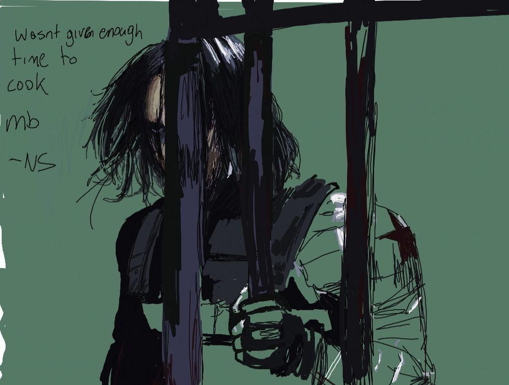unfinished drawing of bucky barnes from the marvel cinematic universe, made in a crude online drawing software. text to the side reads "wasn't given enough time to cook. mb -NS"