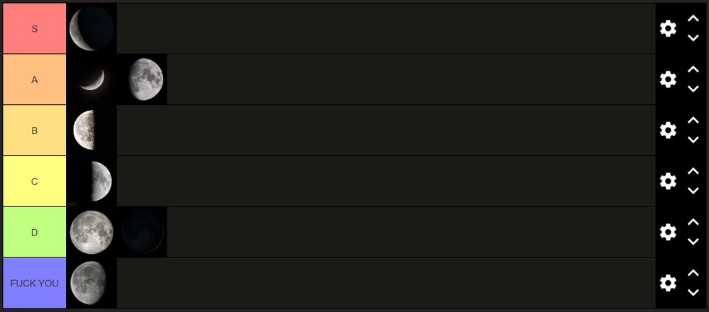 moon phases tierlist image

notably the waning gibous is at the very bottom in the FUCK YOU tier