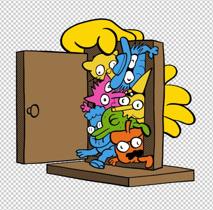 Several characters are failing to squeeze through the same door at once.