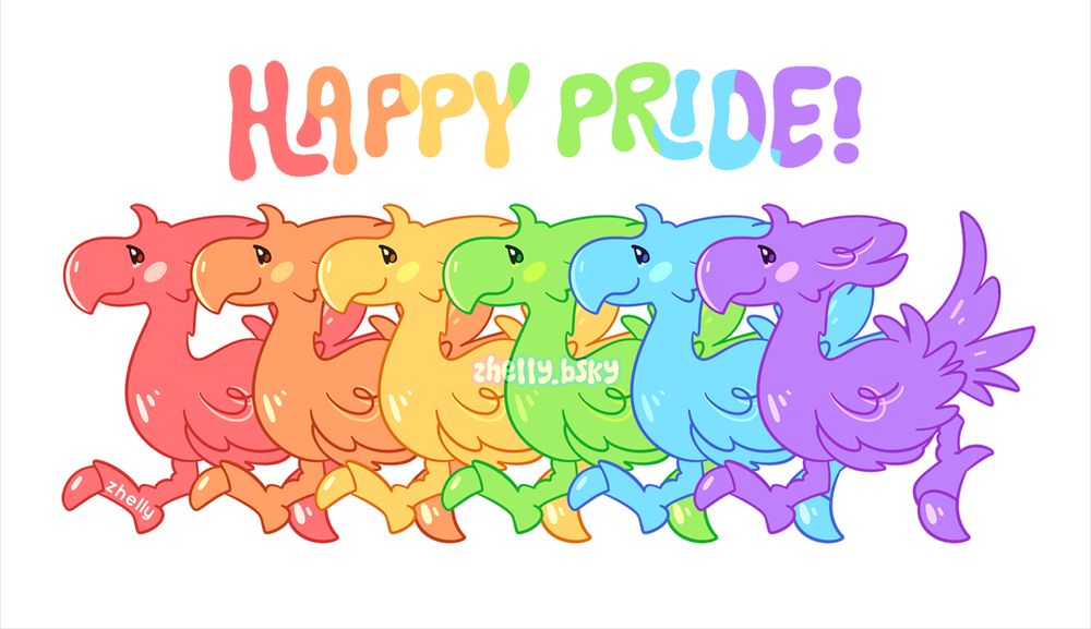 A line of rainbow chocobos from the Final Fantasy series with the text "Happy Pride!"
