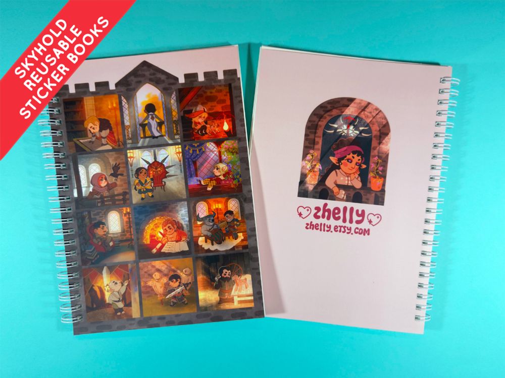 An A5 reusable sticker book with a coated cover of all the Dragon Age Inquisition characters in a Skyhold interior, and the back of the book features the Inquisitor
