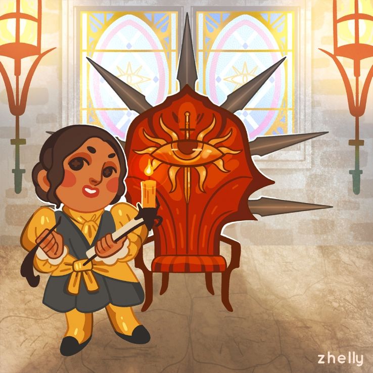 A stylized spot illustration of Josephine by the Inquisitor's throne from Dragon Age Inquisition