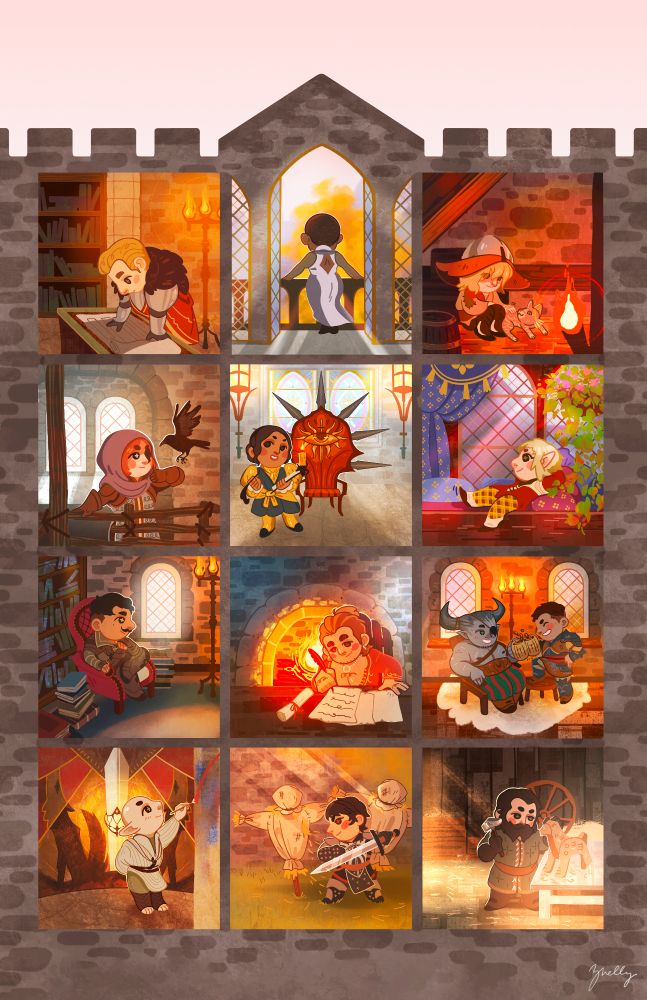 A doll house style illustration with all of the different companions and advisors rooms and spaces in Skyhold from Dragon Age Inquisition