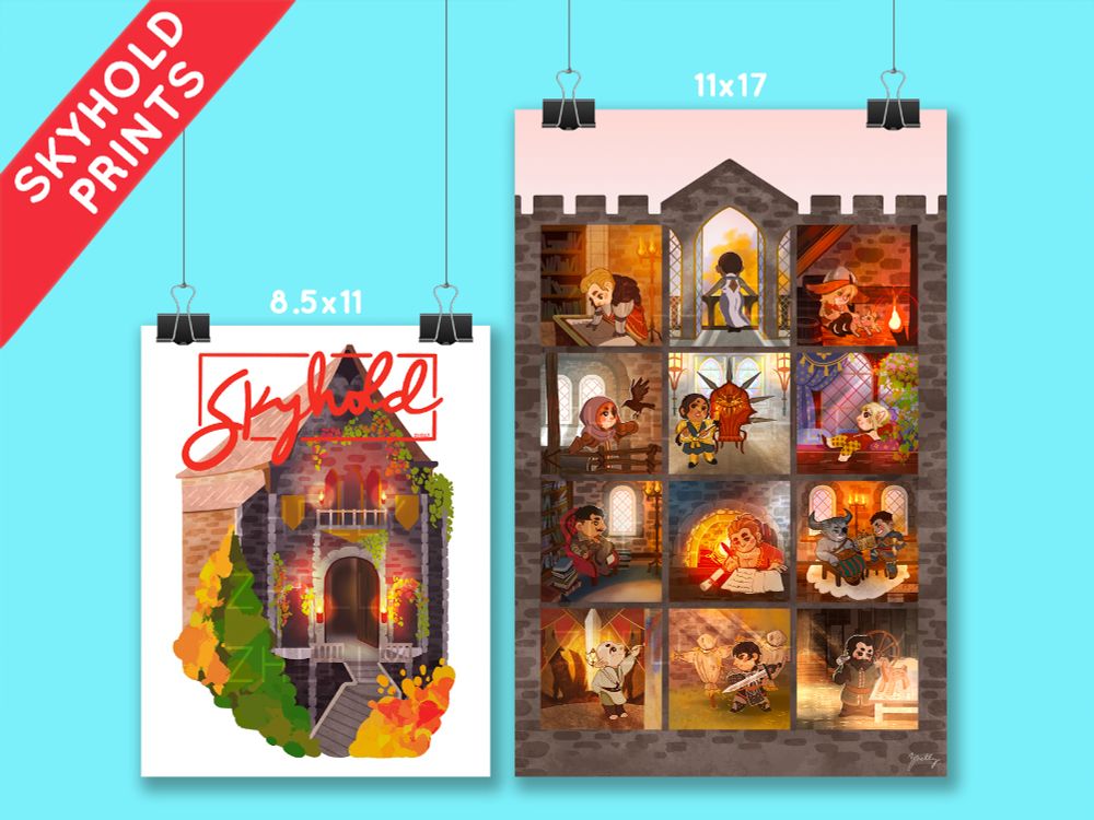 Two prints are displayed on binder clips, one is an 8.5x11 inch print of Skyhold's castle exterior, the other is an 11x17 poster print of all the Dragon Age Inquisition characters in a Skyhold interior