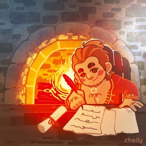 A stylized spot illustration of Varric writing by the Skyhold fireplace from Dragon Age Inquisition 