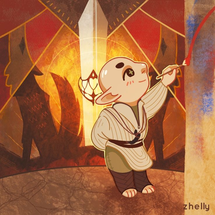 A stylized spot illustration of Solas painting his rotunda murals from Dragon Age Inquisition