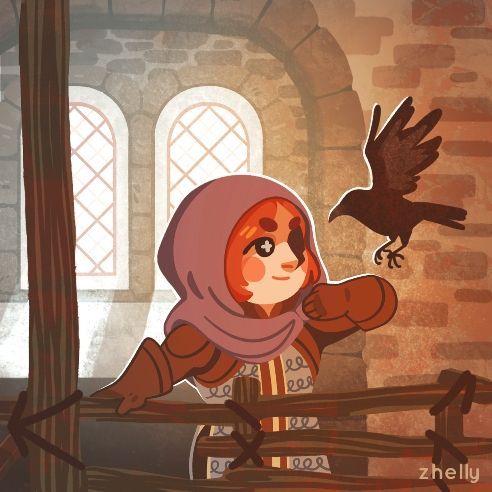 A stylized spot illustration of Leliana and her ravens from Dragon Age Inquisition 