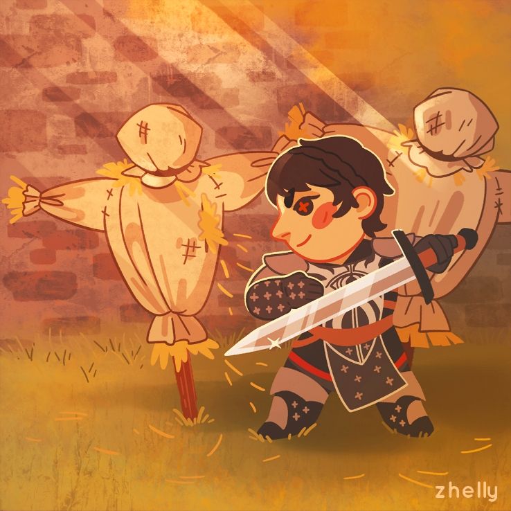 A stylized spot illustration of Cassandra from Dragon Age Inquisition with her sword drawn, sparring with a straw striking dummy
